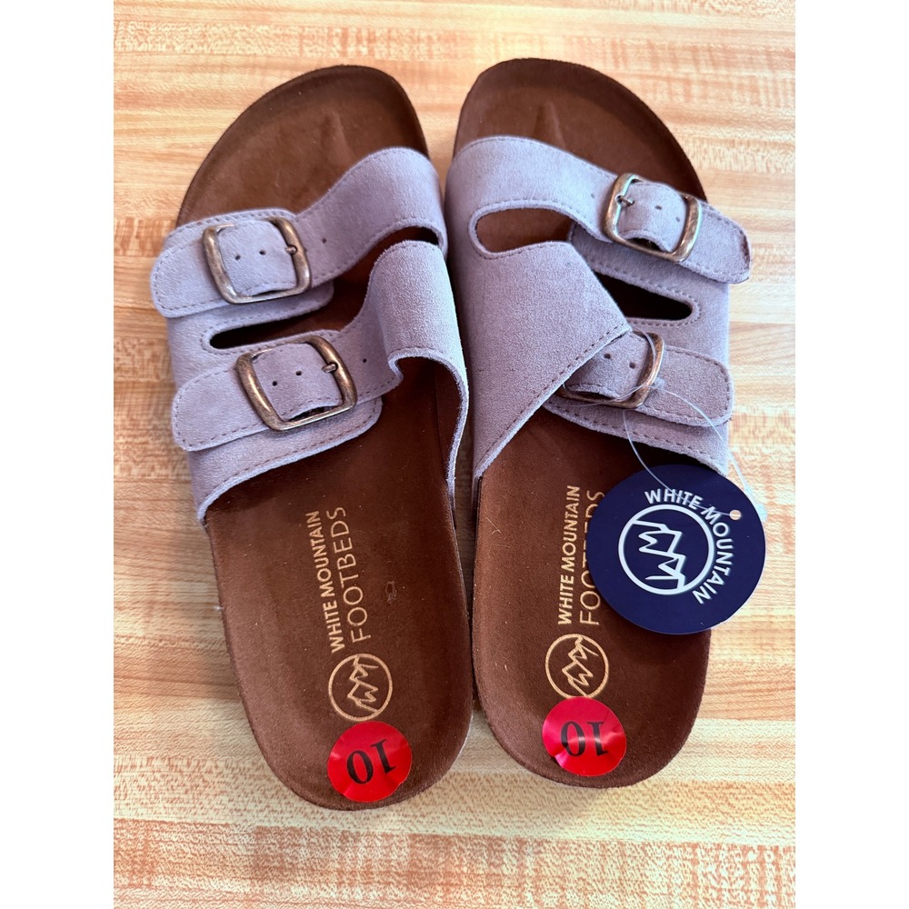 White Mountain Footbeds Women's Leather Buckle Slide Sandals Taupe Size 10 NWT